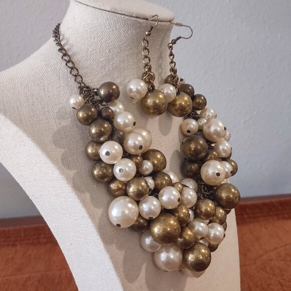 Vtg Lia Sophia Pearl Gold Chunky Beaded Necklaces Multi-Strand & Earrings Set - Picture 4 of 6